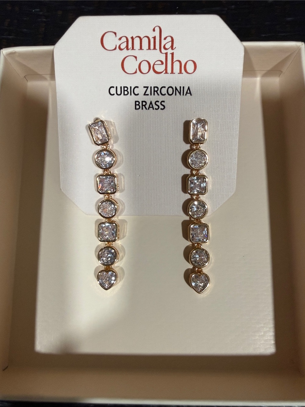 Camila Coelho Gold Linear Drop Earrings with Clear Stones